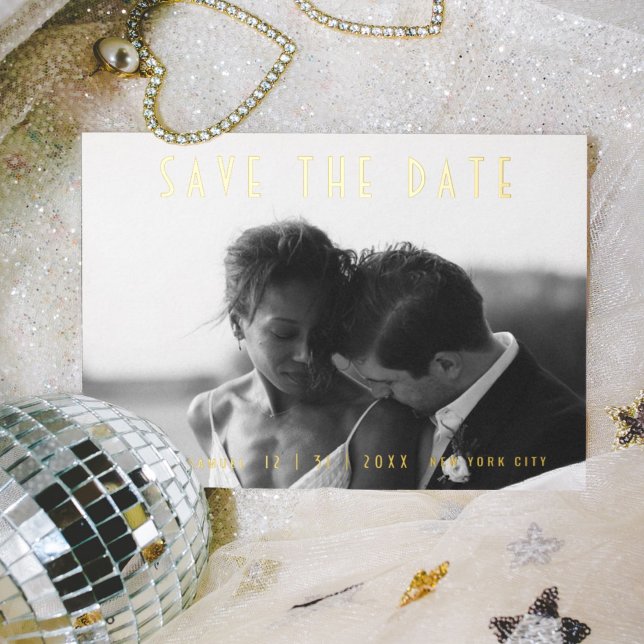 Modern Black Wedding Photo Save the Date Gold Foil Invitation Postcard (Glam gold foil photo wedding Save the Date.)