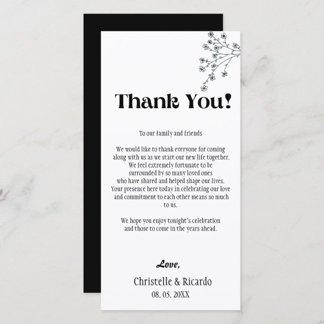 Modern black wedding place setting thank you card  (Front/Back)