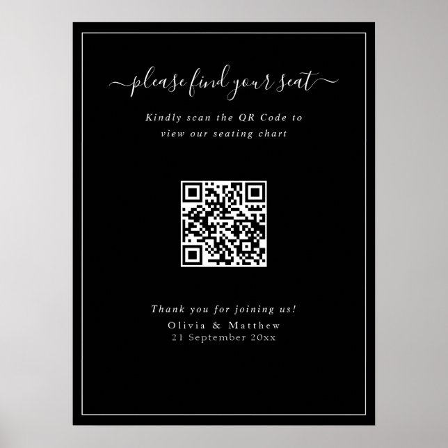 Modern Black Wedding QR Code Seating Chart Poster (Front)
