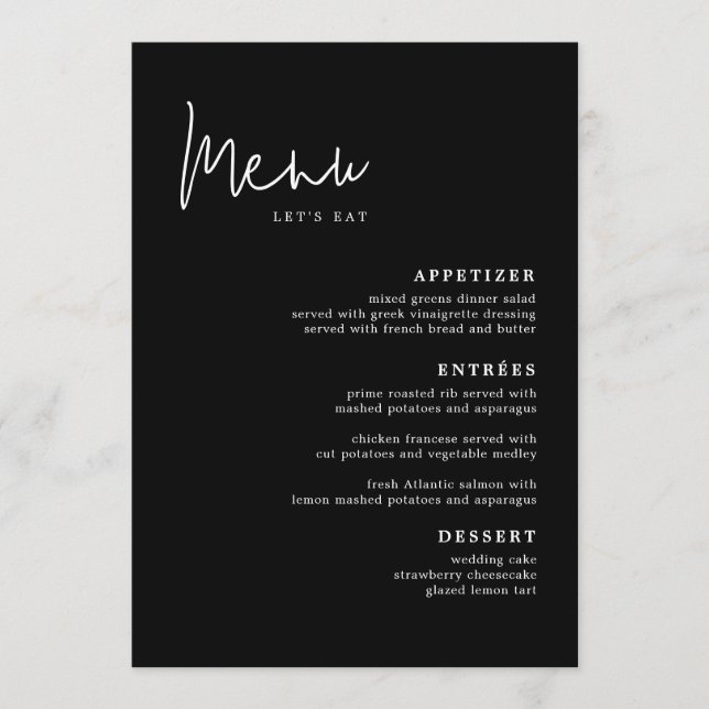 Modern Black Wedding Table Menu Cards Flat Menu (Front)