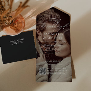 Modern Black Wedding with QR Code RSVP Photo All In One Invitation