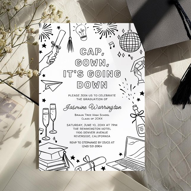 Modern Black Whimsical Doodle Graduation Invitation (Creator Uploaded)