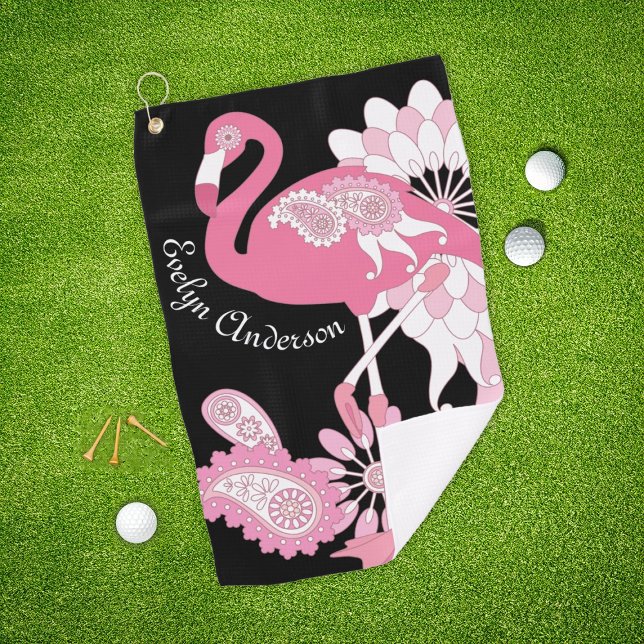 Modern Black Whimsical Tropical Bird Pink Flamingo Golf Towel (Creator Uploaded)