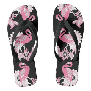Modern Black Whimsical Tropical Bird Pink Flamingo Jandals