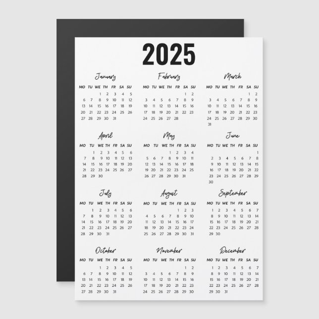 Modern Black White 2025 Calendar Full Year View (Front/Back)