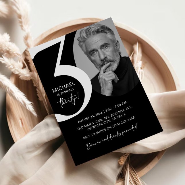 Modern Black & White 30th Photo Birthday Party Invitation (Creator Uploaded)