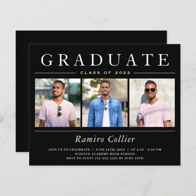 Modern Black White 3 Photo Graduation Invitations (Front/Back)