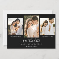 Modern Black White 3 Photo Wedding Save The Date