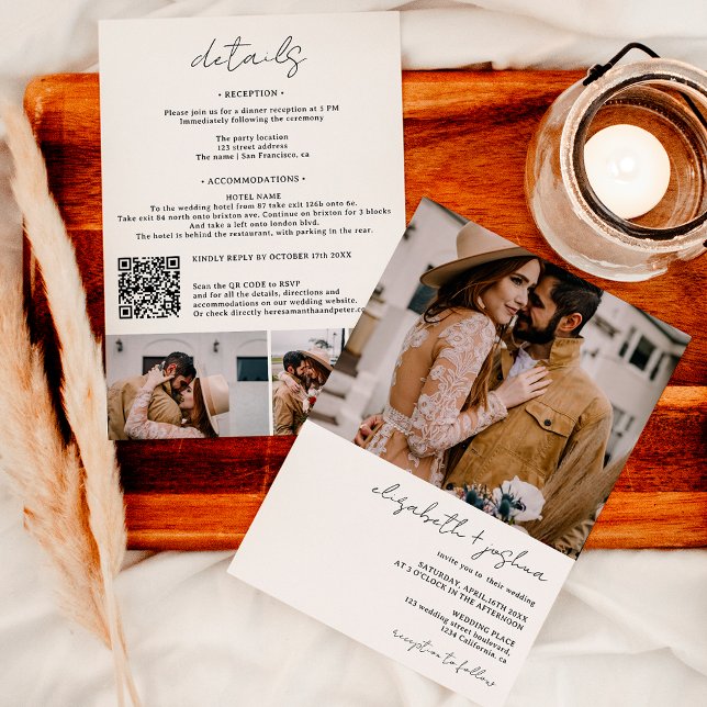 Modern black white 4 photo Qr all in one wedding Invitation (Modern black white 4 photo Qr all in one wedding Invitation on white)