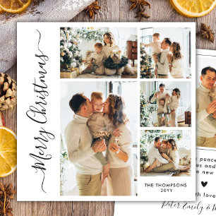Modern Black White 5 Photo Collage Christmas Holiday Card
