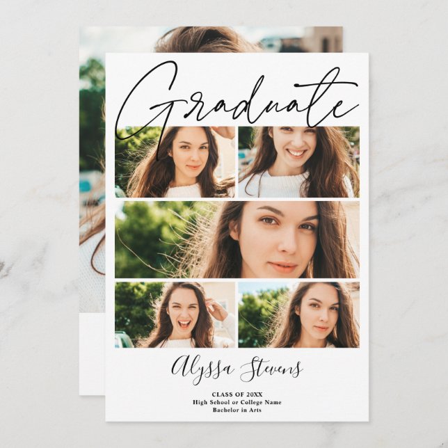 Modern black white 6 photo grid collage graduation announcement (Front/Back)