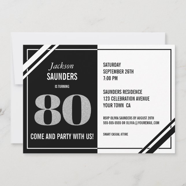 Modern Black White 80th Birthday Party Invitation (Front)