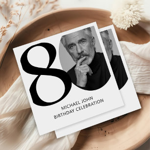 Modern Black & White 80th Photo Birthday Napkin