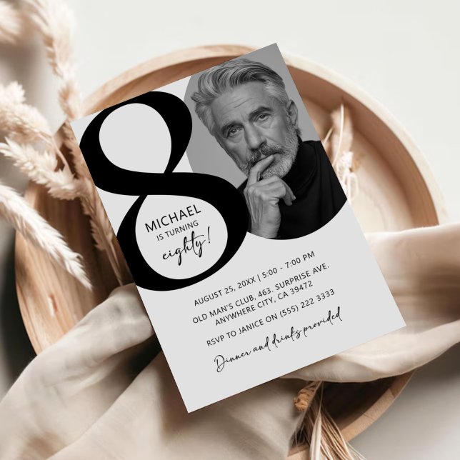 Modern Black & White 80th Photo Birthday Party Invitation (Creator Uploaded)