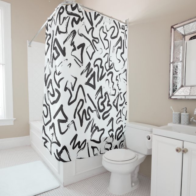 Modern Black White Abstract Graffiti Brushstrokes Shower Curtain (In Situ)