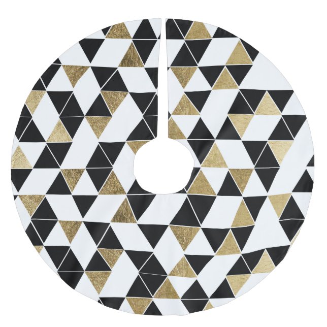 Modern Black, White, and Faux Gold Triangles Brushed Polyester Tree Skirt (Front)