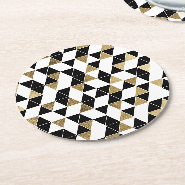 Modern Black, White, and Faux Gold Triangles Round Paper Coaster (Angled)
