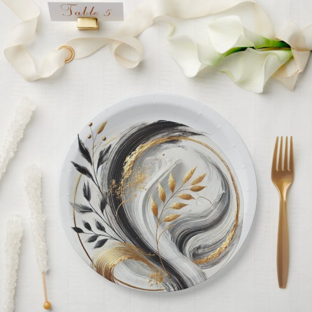 Modern Black White and Gold Botanical Paper Plate (Wedding)