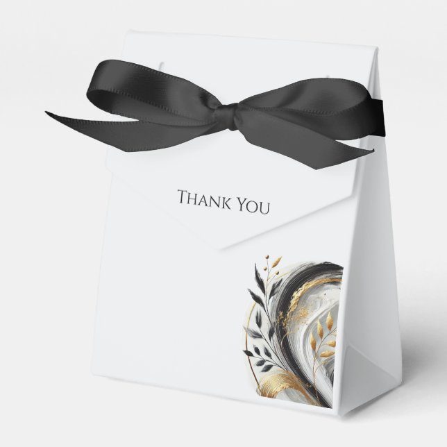 Modern Black White and Gold Botanical Wedding Favour Box (Front Side)