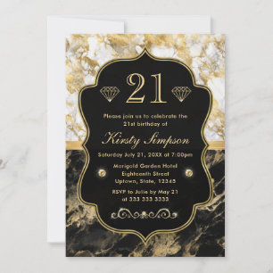 Modern Black, White and Gold Marble Birthday Invitation