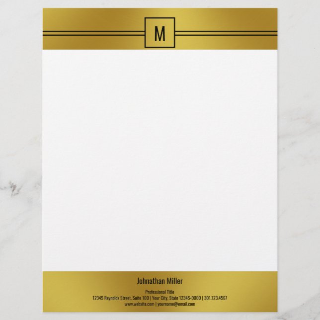 Modern Black White and Gold Monogram Template Custom Letterhead (Front)