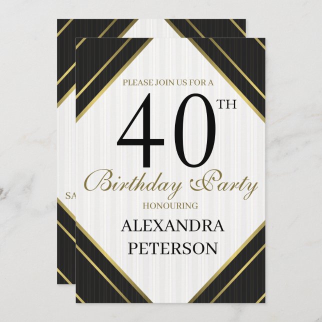 Modern Black White And Gold Stripes Birthday Invitation (Front/Back)