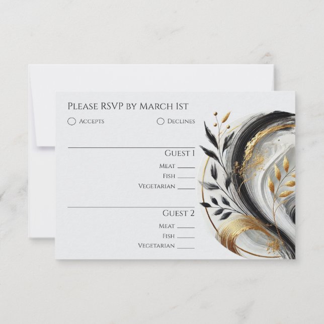 Modern Black White and Gold Wedding Botanical- RSVP Card (Back)