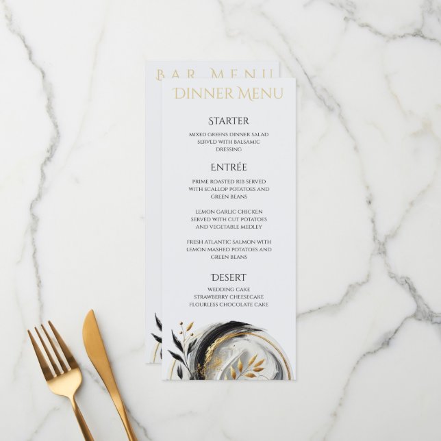 Modern Black White and Gold Wedding Dinner & Bar Menu (Front/Back In Situ)