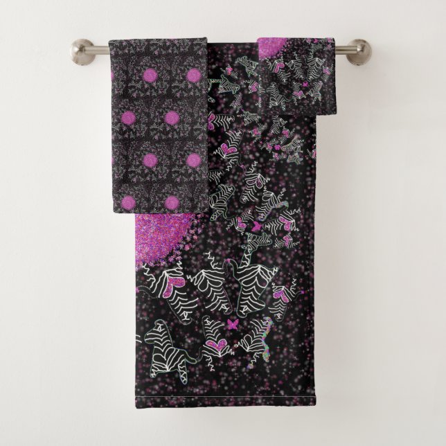 Modern black white and pink disco zebra bath towel set (Insitu)