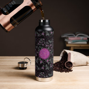 Modern black white and pink disco zebra water bottle