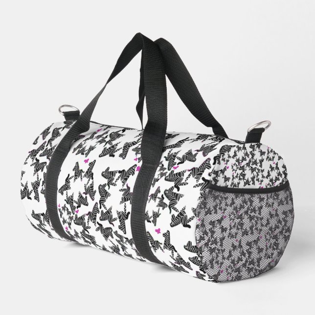 Modern black white and pink wild zebra duffle bag (Right Corner)