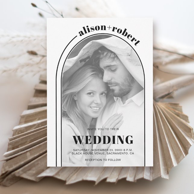 Modern black white arch and photo wedding invitation (Creator Uploaded)