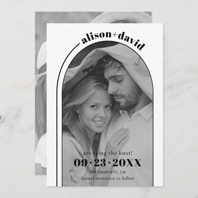 Modern black white arch and photo wedding save the date (Front/Back)