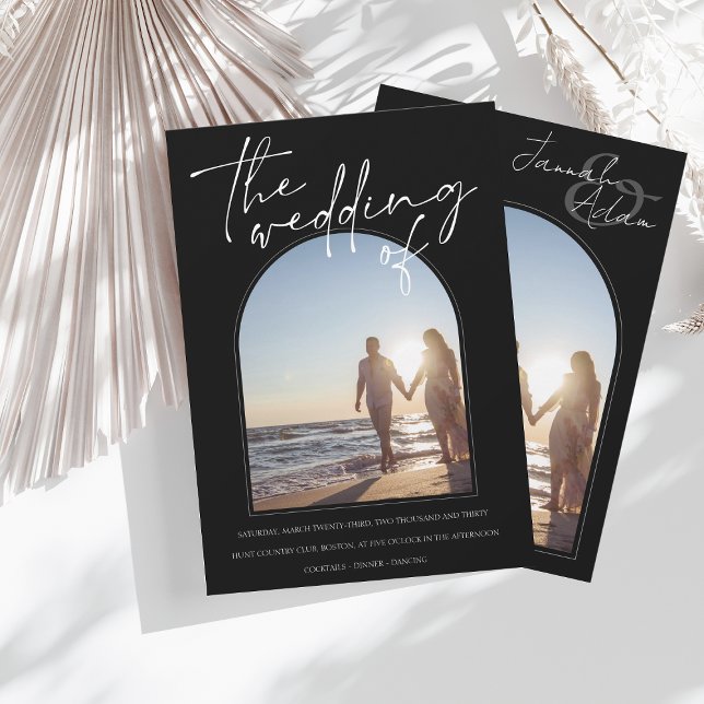 Modern Black White Arch Initial Photo Wedding Invitation (Creator Uploaded)