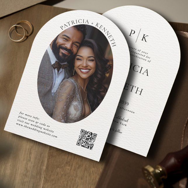 Modern Black & White Arch Wedding Photo Monogram Invitation (Creator Uploaded)