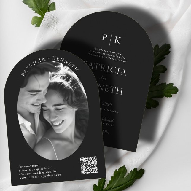 Modern Black & White Arch Wedding Photo Monogram Invitation (Creator Uploaded)