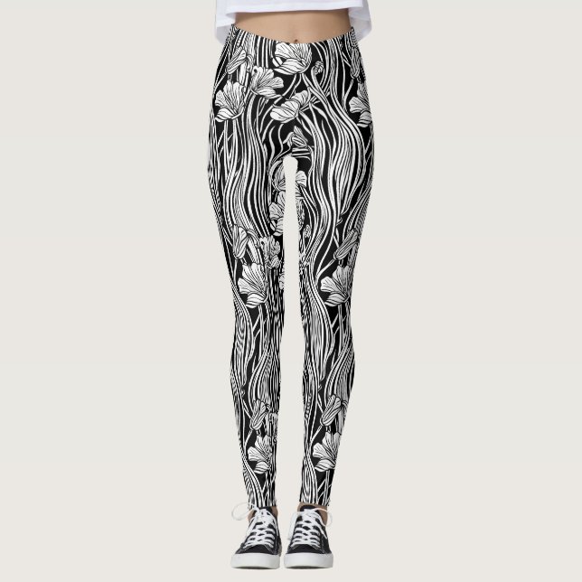 Modern Black White Art Nouveau Designer Leggings (Front)