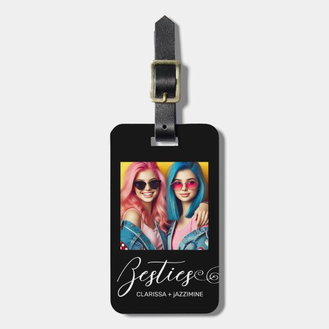 Modern Black White Bestie Photo Personalised Luggage Tag (Front Vertical)