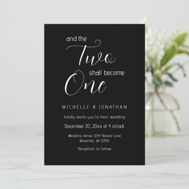 Modern Black White Bible Verse Christian Wedding Invitation (Standing Front)