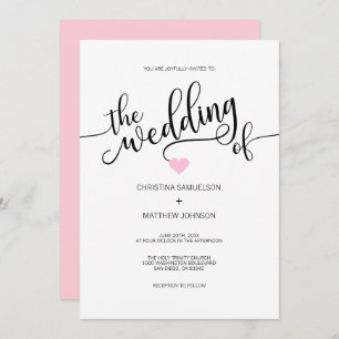 Modern Black White Blush PINK Heart Wedding Invitation