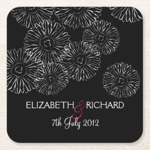 Modern Black White Boho Chic Daisy Wedding  Square Paper Coaster