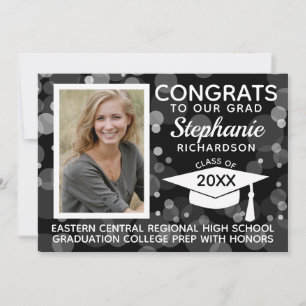 Modern Black White Bokeh Bubbles Photo Graduation Invitation