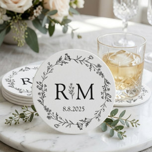 modern black & white botanical monogram wedding round paper coaster