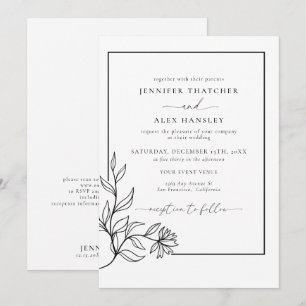 Modern Black White Botanical QR Code Wedding Invitation