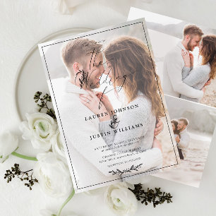 Modern Black White Botanical Script Vellum 3 Photo Invitation