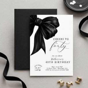 Modern Black & White Bow 40th Birthday Invitation