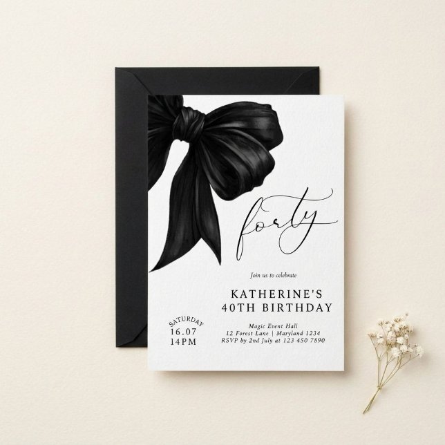 Modern Black & White Bow 40th Birthday  Invitation (Creator Uploaded)