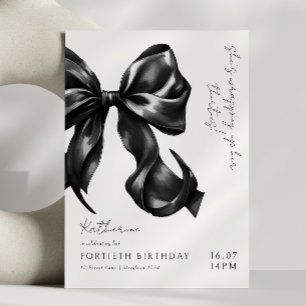 Modern Black & White Bow 40th Birthday Invitation
