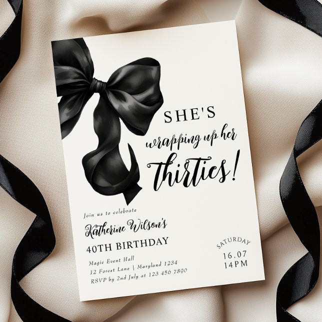Modern Black & White Bow 40th Birthday Invitation (Creator Uploaded)