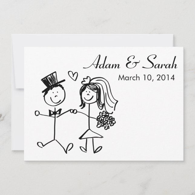 Modern Black & White Bride & Groom Doodle Invite (Front)